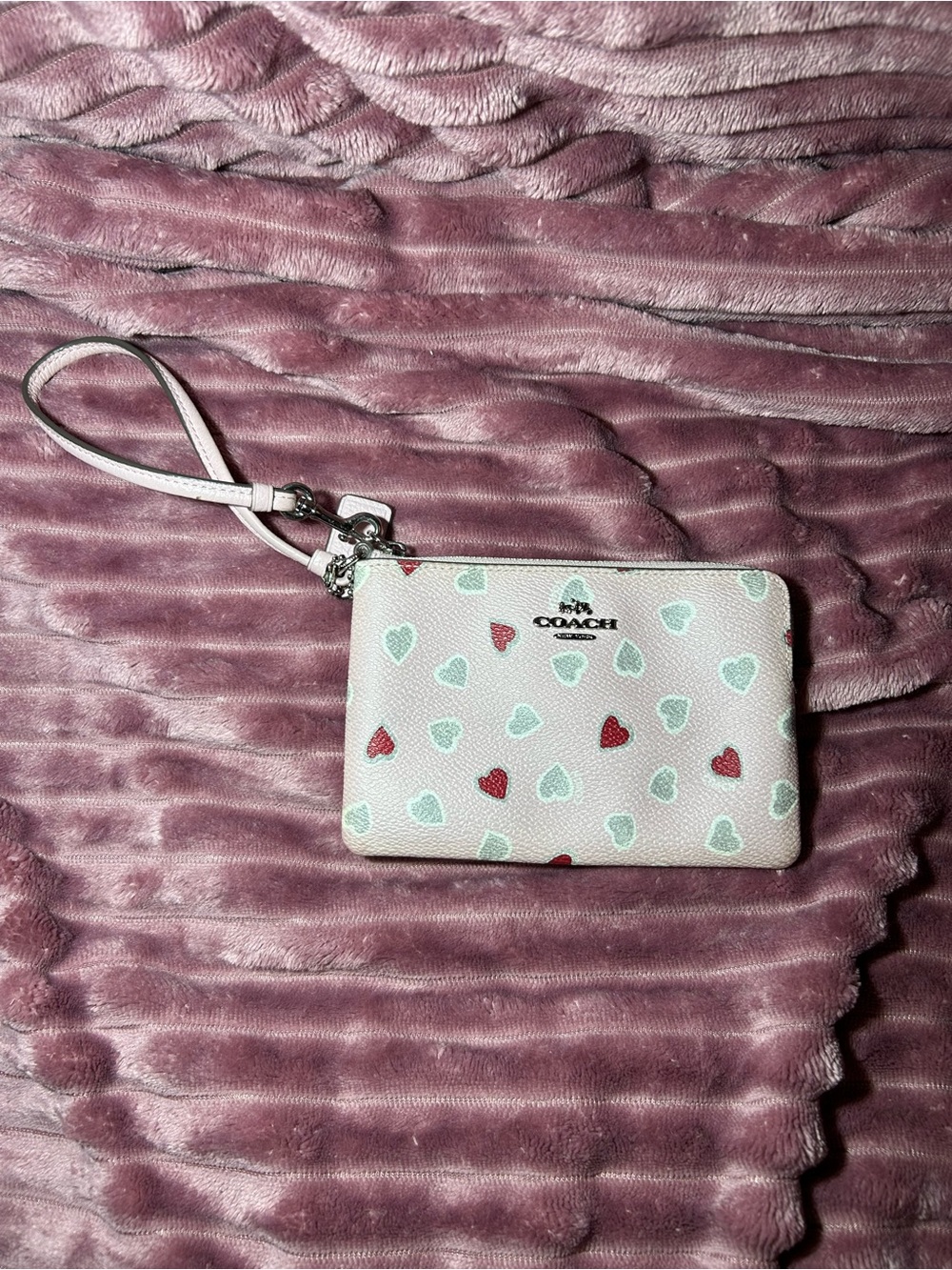 Coach Heart Print Wristlet - Light Pink, Mint & Red